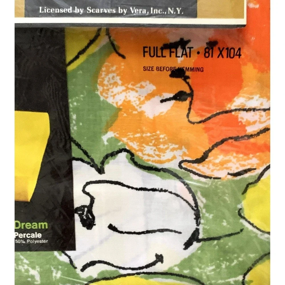 Vtg Vera Neumann by Burlington Full Flat Sheet Tulip Dreams Yellow Orang NOS 70s
